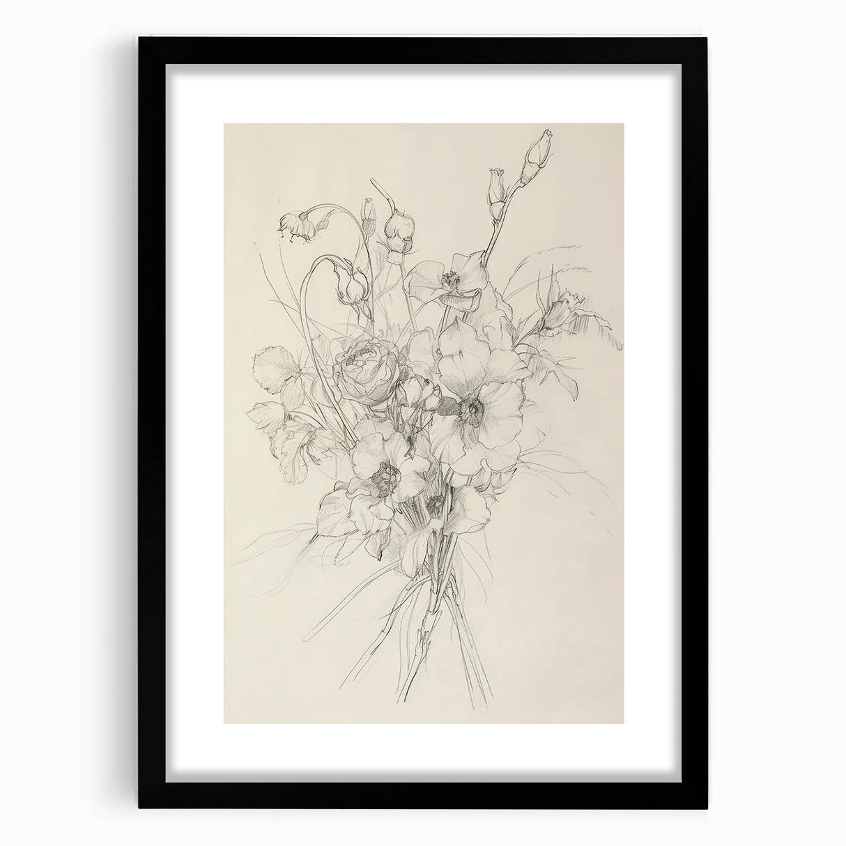 Abstract floral design framed in a sleek black mat, showcasing vibrant colors and intricate patterns, perfect for modern home decor or art enthusiasts.