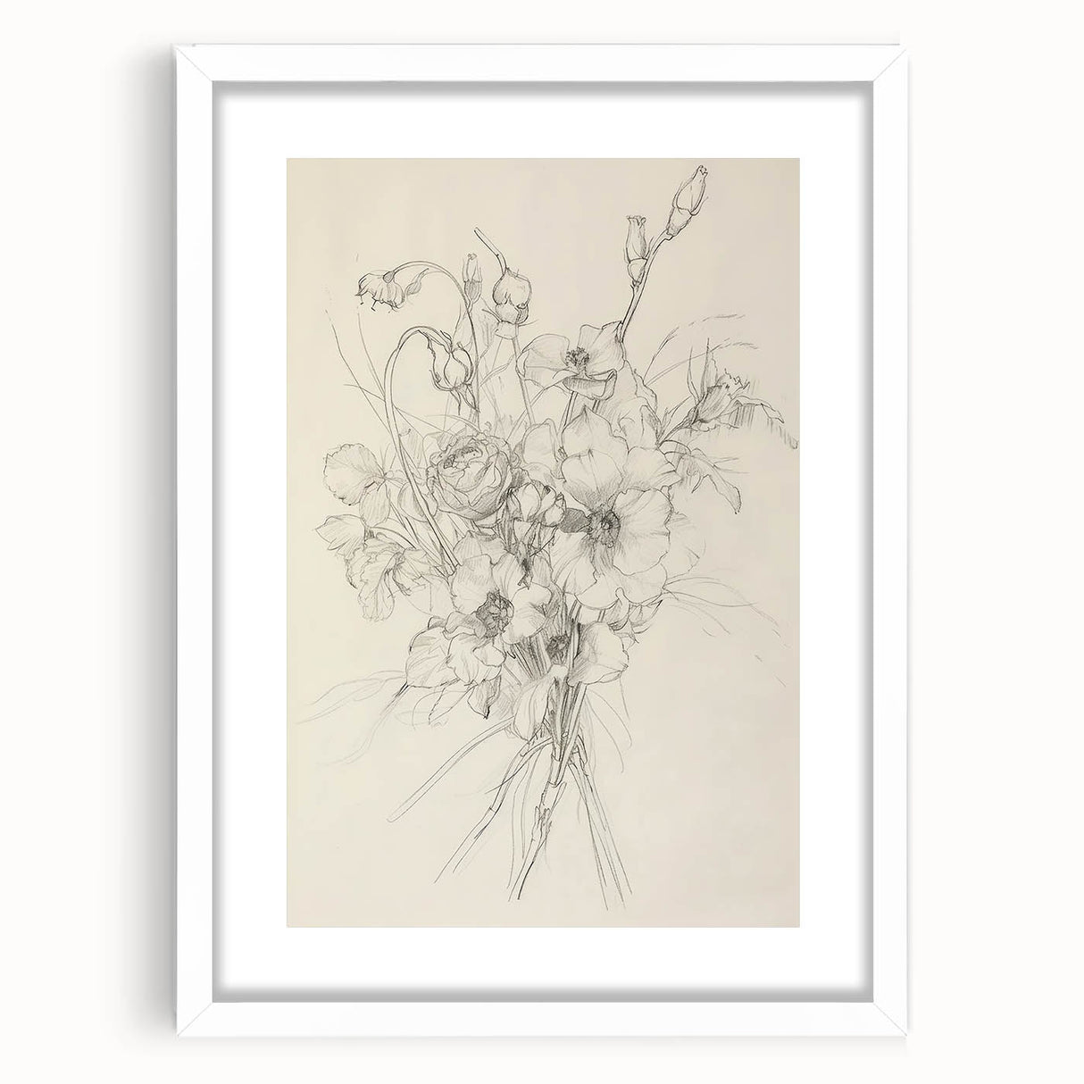 Abstract floral frame art print featuring vibrant colors and intricate designs, elegantly matted in white, ideal for modern home decor and wall styling.