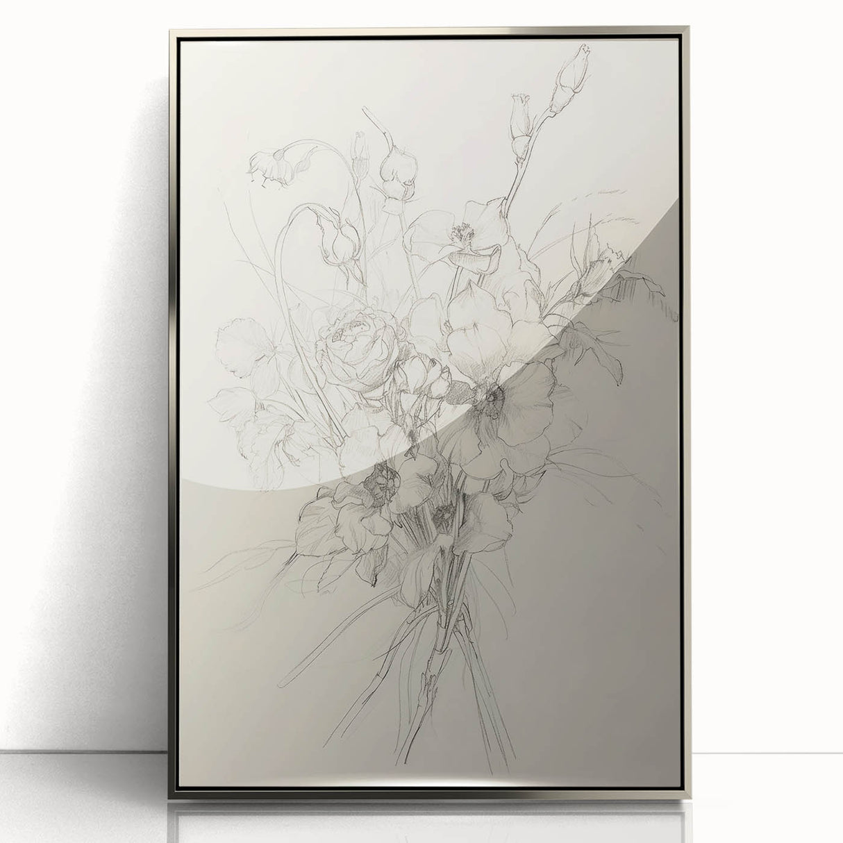 Framed acrylic artwork showcasing an abstract floral design with vibrant colors, set in a sleek silver frame, ideal for modern home decor. Perfect for adding a touch of elegance to any space.