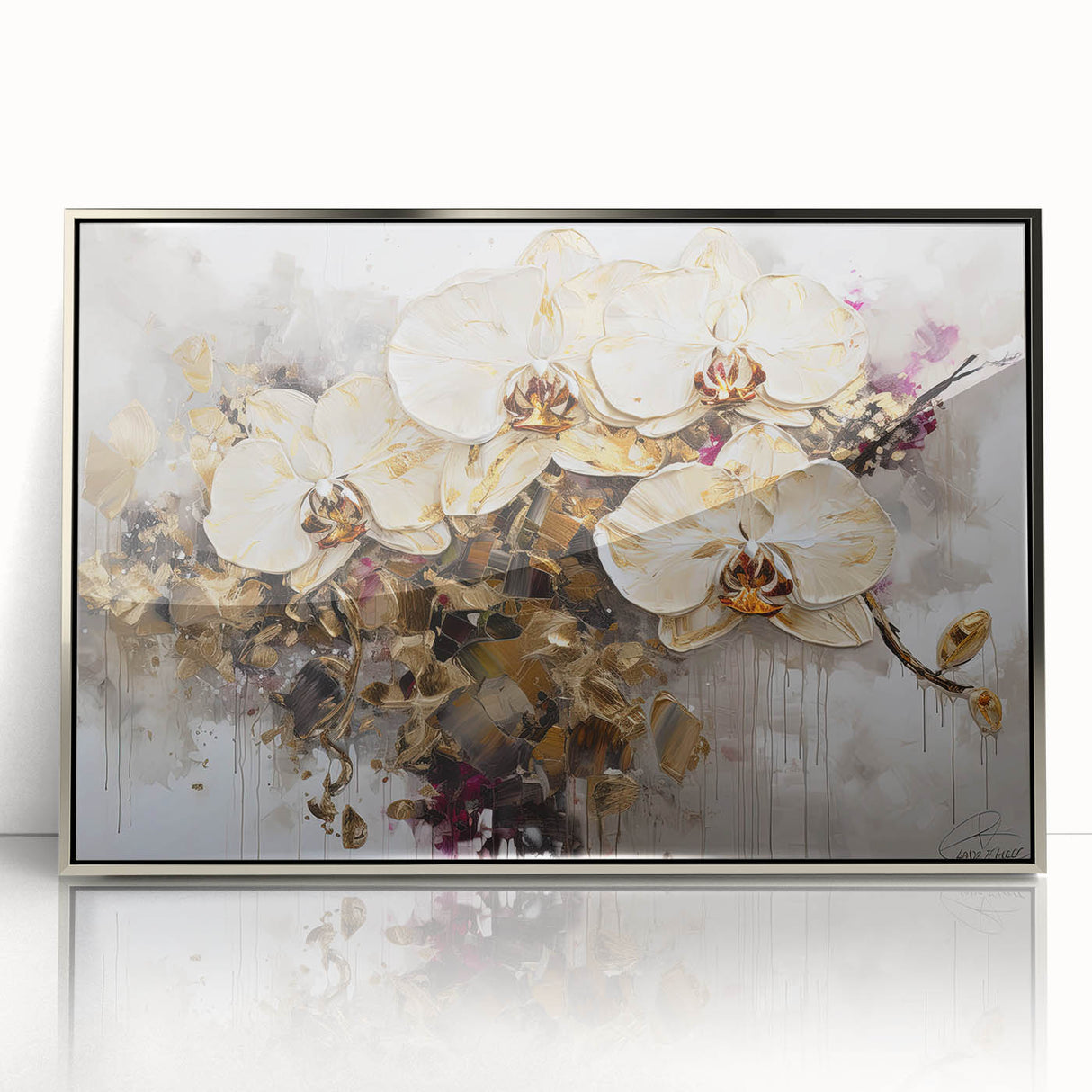 Framed acrylic artwork featuring vibrant abstract florals in shades of pink, blue, and green, elegantly presented in a sleek silver frame, perfect for modern decor.