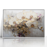 Framed acrylic artwork showcasing an abstract floral design in vibrant colors, set against a crisp white background, perfect for modern home decor or office spaces.