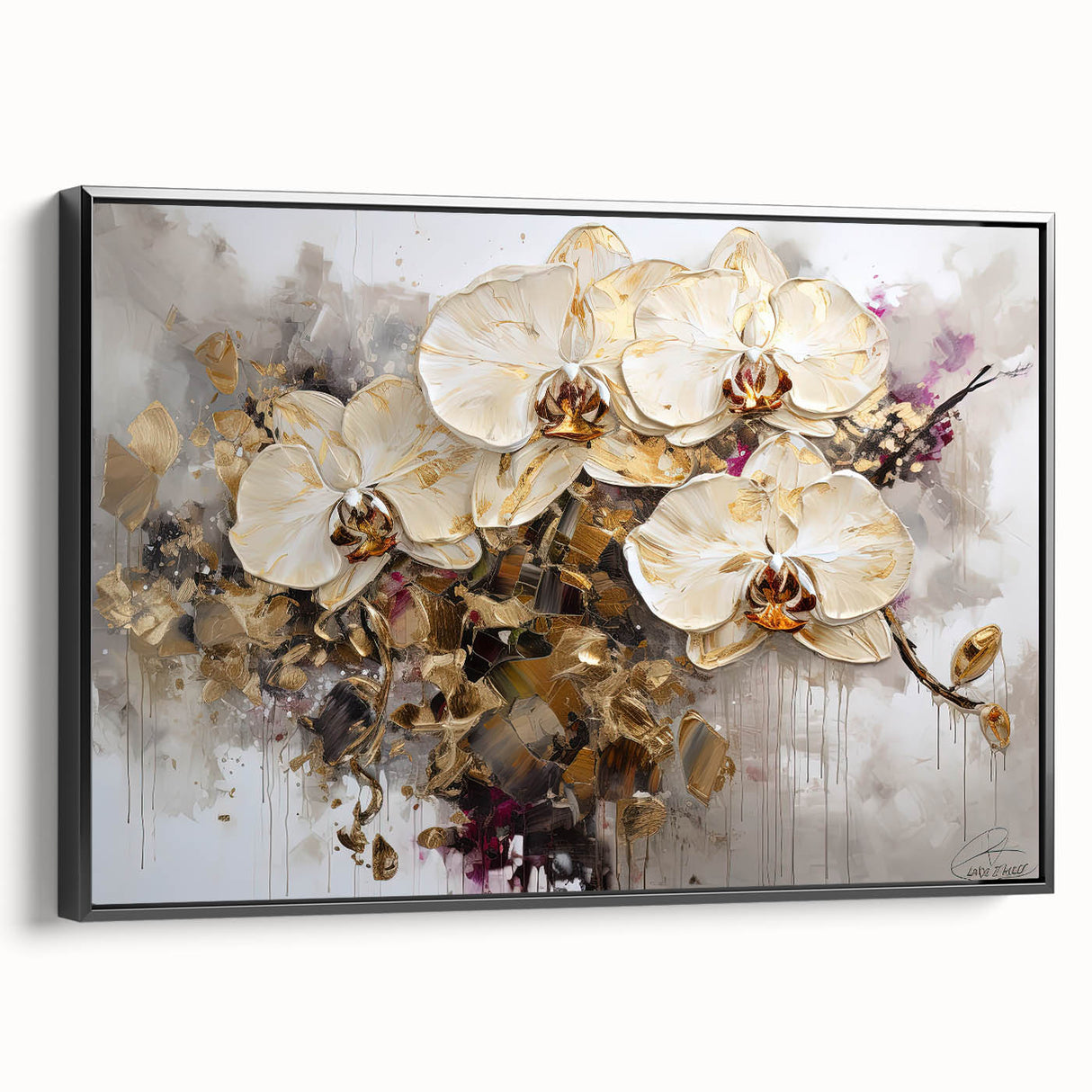 Framed canvas artwork showcasing abstract florals in vibrant colors, presented in a sleek black frame, perfect for modern interior decor. Ideal for enhancing living spaces with artistic elegance.