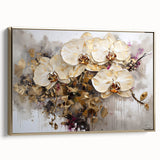 Framed canvas artwork showcasing abstract floral designs in vibrant colors, featuring a gold border that adds elegance, perfect for modern home decor.