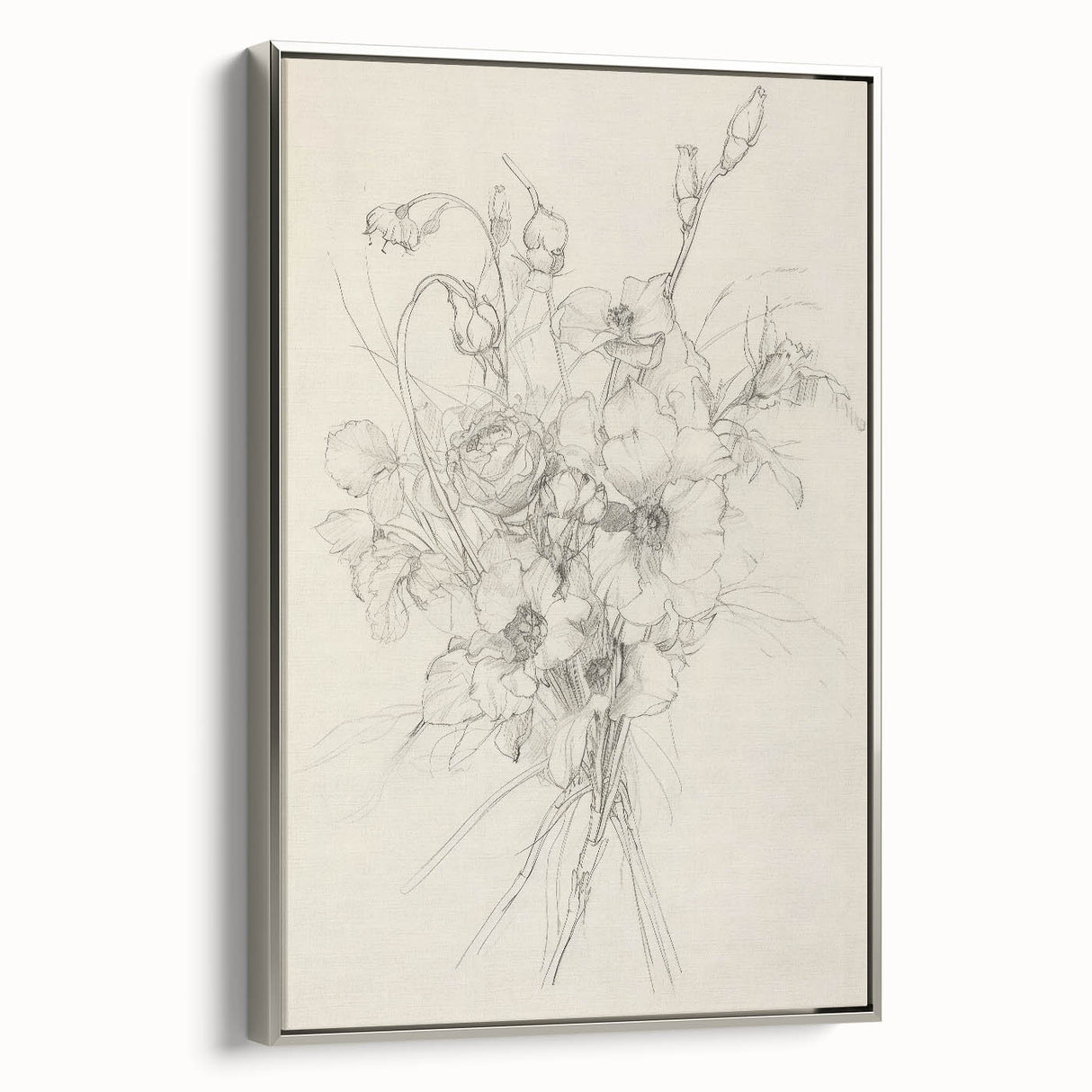 Framed canvas artwork showcasing abstract floral designs in vibrant colors, set in a sleek silver frame, ideal for modern home decor.
