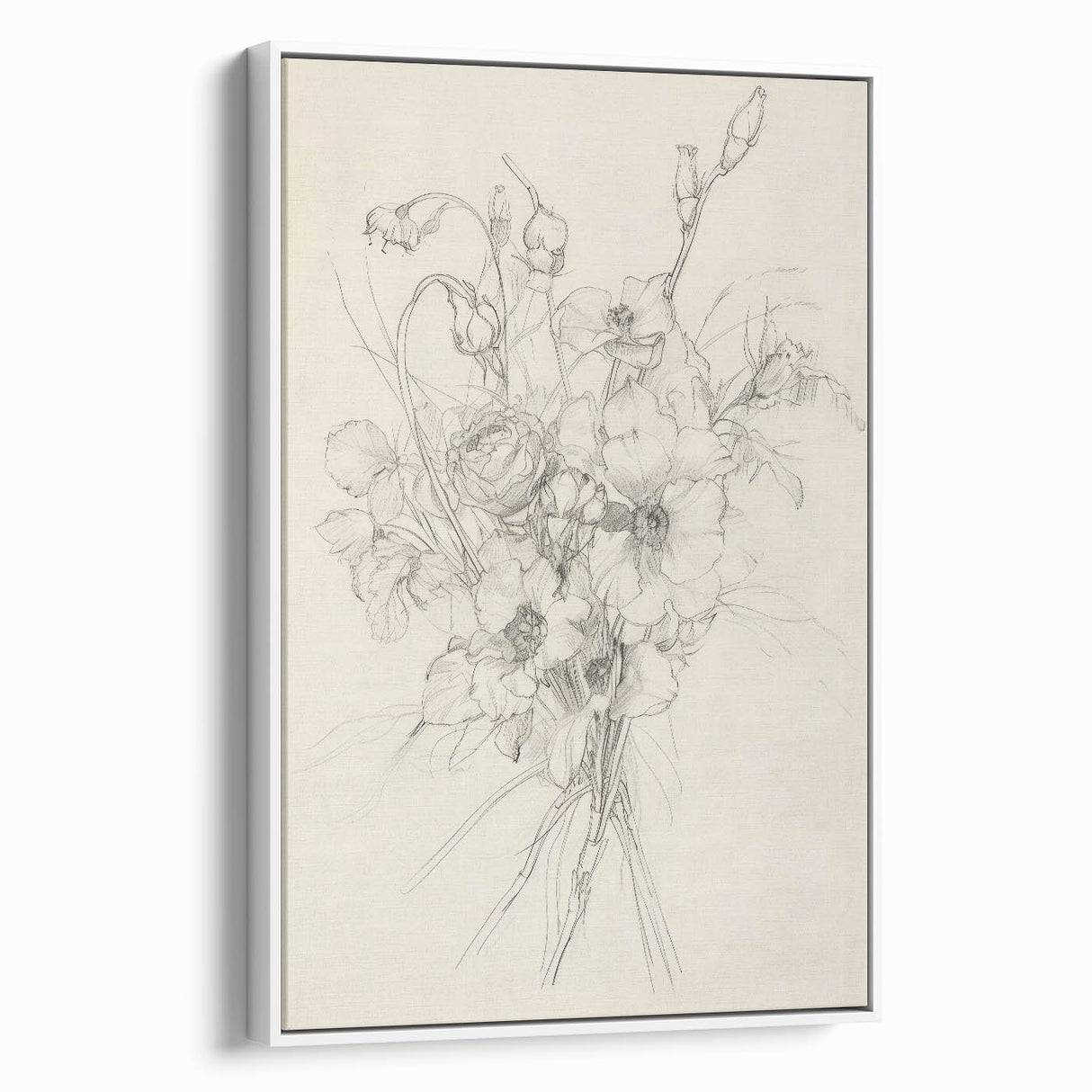 Framed canvas artwork showcasing a vibrant abstract floral design with soft pastel colors, set against a crisp white background, perfect for modern home decor.