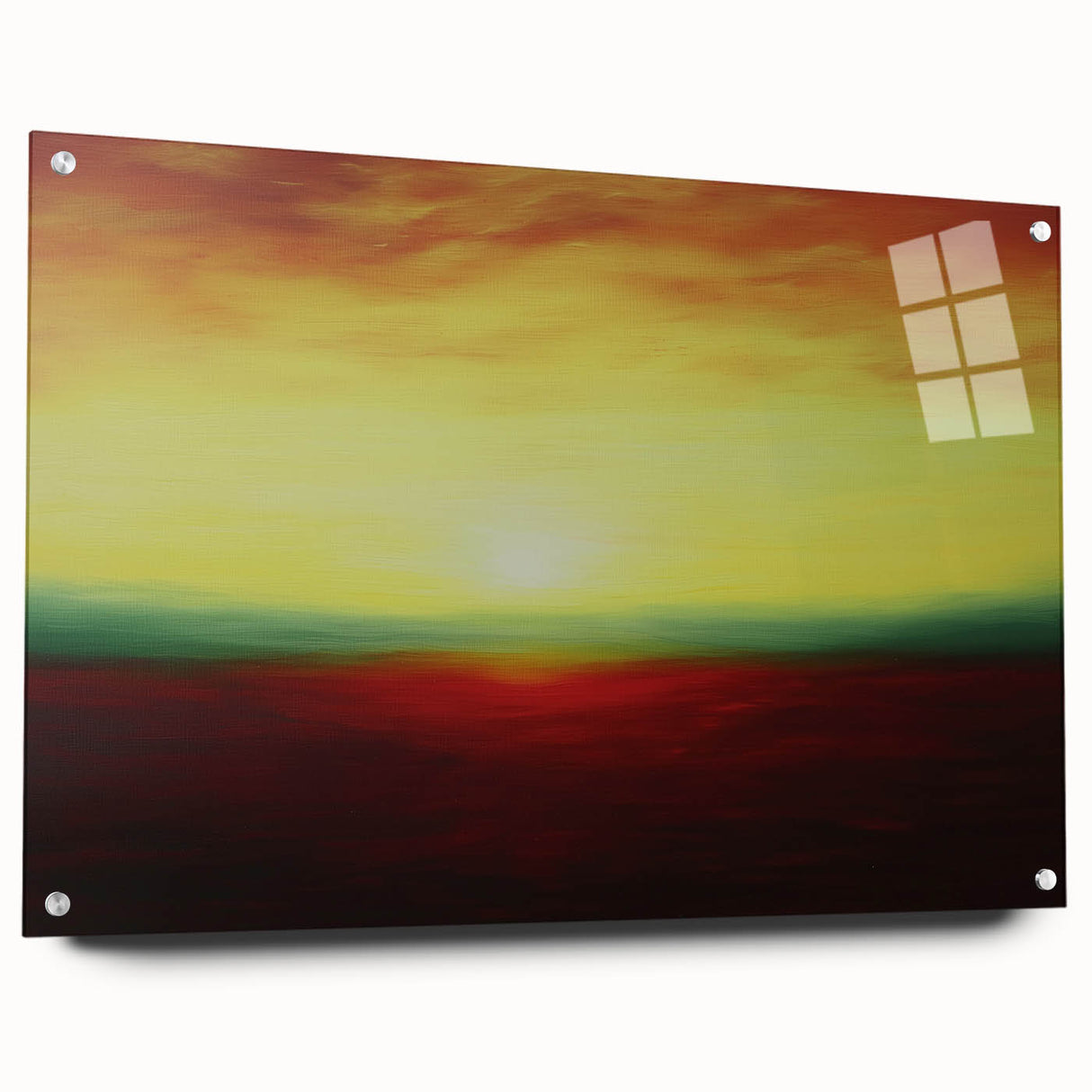 Abstract landscape artwork displayed on acrylic glass, showcasing vibrant colors and intricate details, mounted with decorative pins for a modern aesthetic.