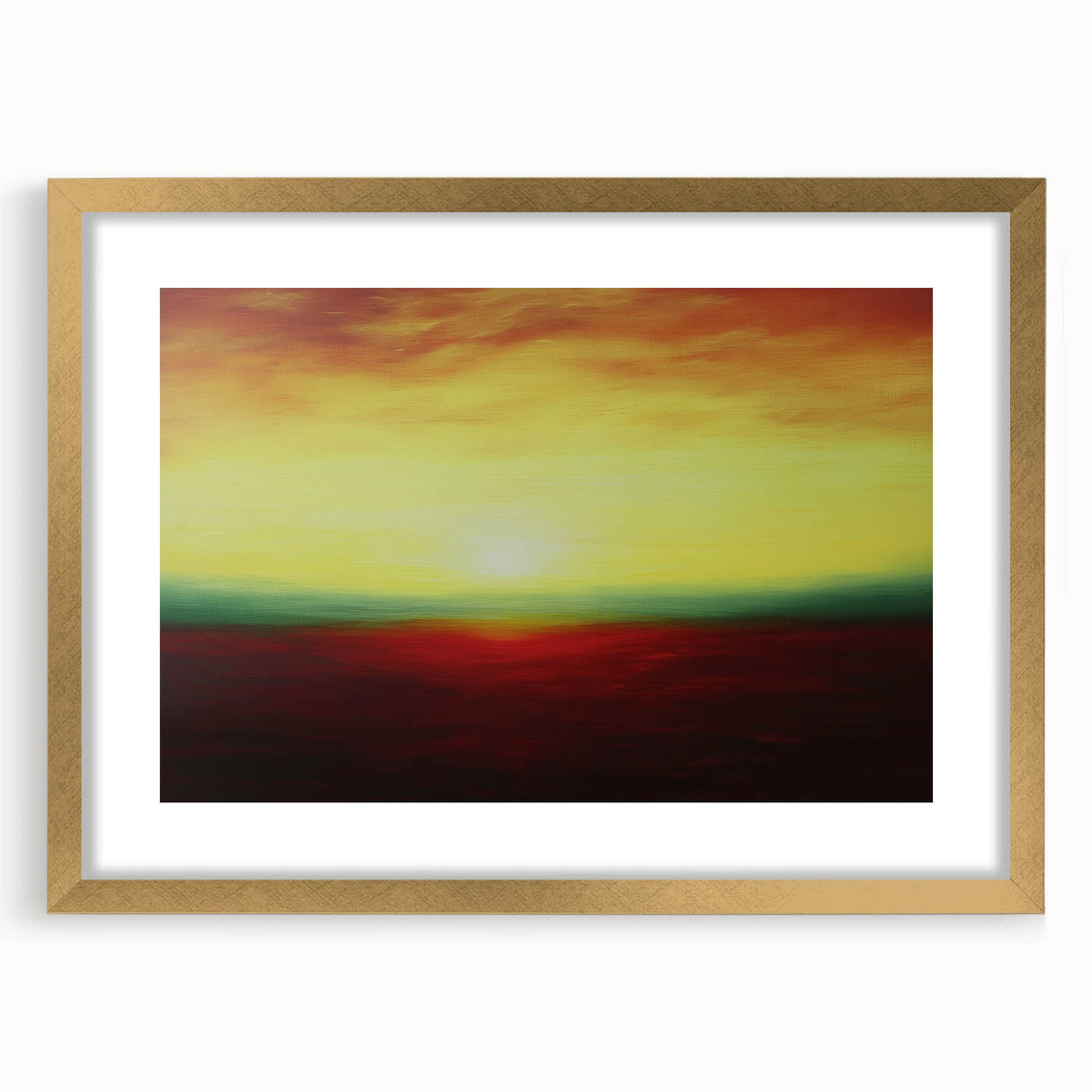Abstract landscape frame with gold matting showcasing a vibrant sunset over rolling hills, highlighting intricate textures and rich colors in a modern design.