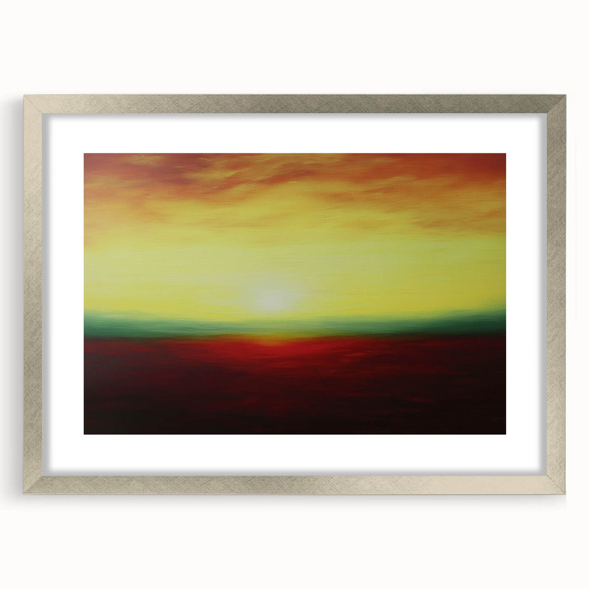 Abstract landscape framed artwork in a sleek silver mat, showcasing vibrant colors and intricate details, perfect for modern home decor. Ideal for enhancing living spaces and adding a touch of elegance.