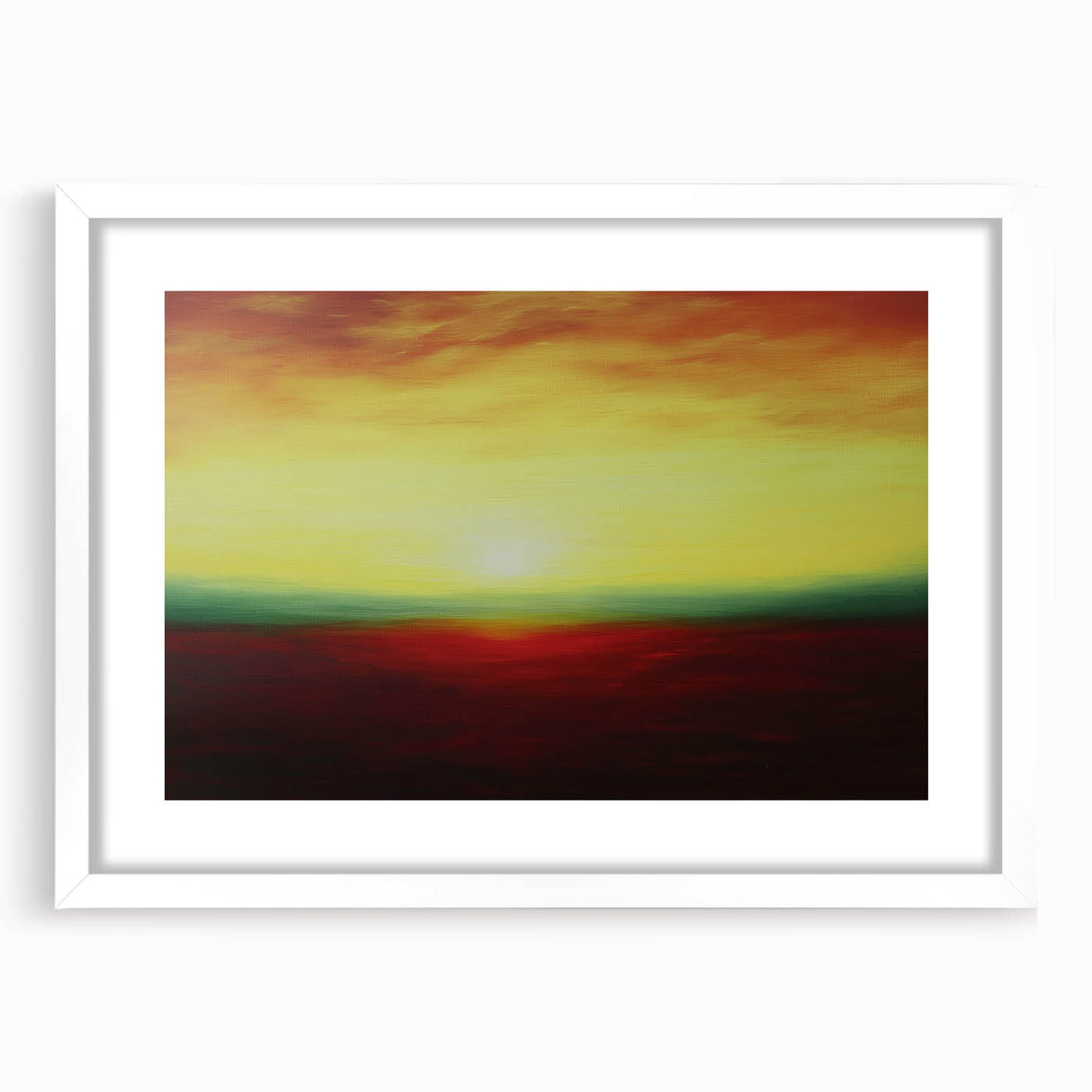 Abstract landscape artwork framed in white matting, showcasing vibrant colors and textured details, perfect for modern interior decor.