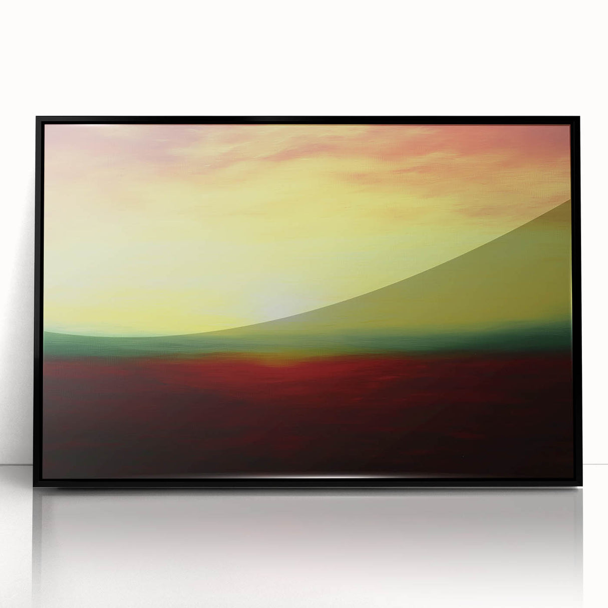 Framed acrylic artwork showcasing an abstract landscape with vibrant colors and intricate designs, set against a sleek black frame, perfect for modern decor.