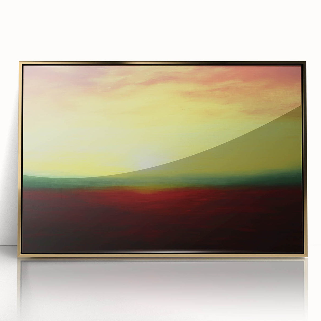 Framed acrylic artwork depicting an abstract landscape in rich gold tones, perfect for modern home decor, showcasing a blend of elegance and sophistication.