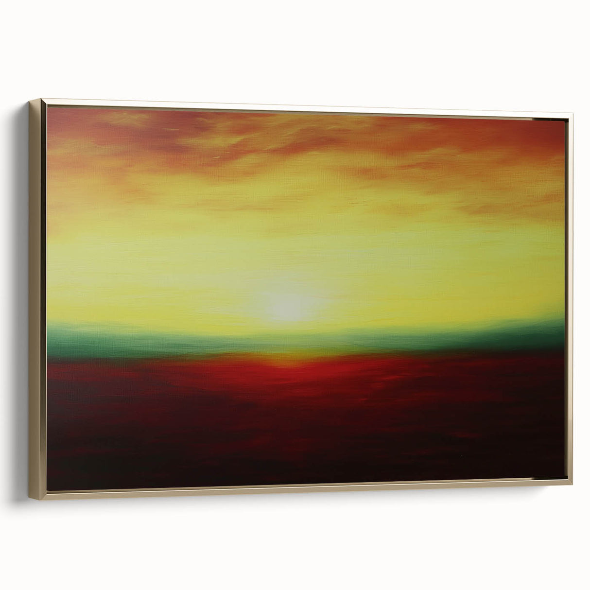 Framed canvas artwork depicting an abstract landscape with golden tones, showcasing a modern design that enhances contemporary home decor. Ideal for living rooms or offices.