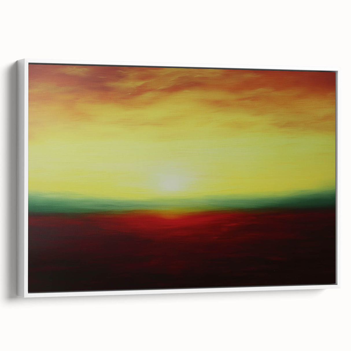 Framed abstract landscape canvas artwork showcasing a serene mountain scene with soft colors, displayed from a side view to highlight its depth and elegance.