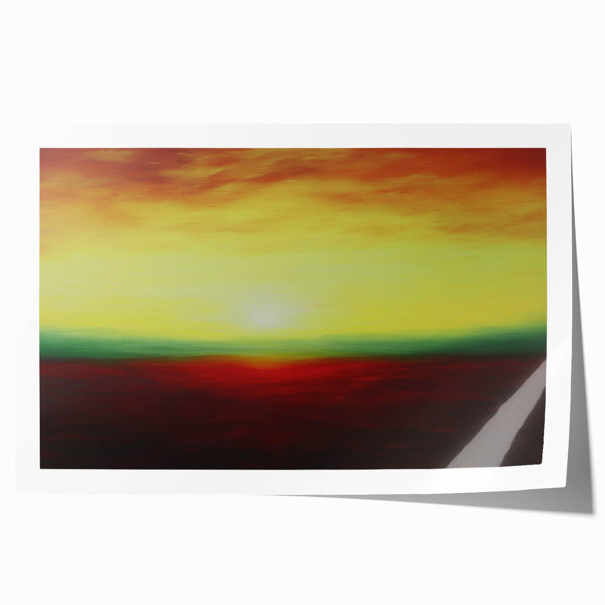 Abstract landscape rolled print showcasing vibrant hues of blue, green, and gold, designed to evoke a serene nature scene, perfect for modern home decor.