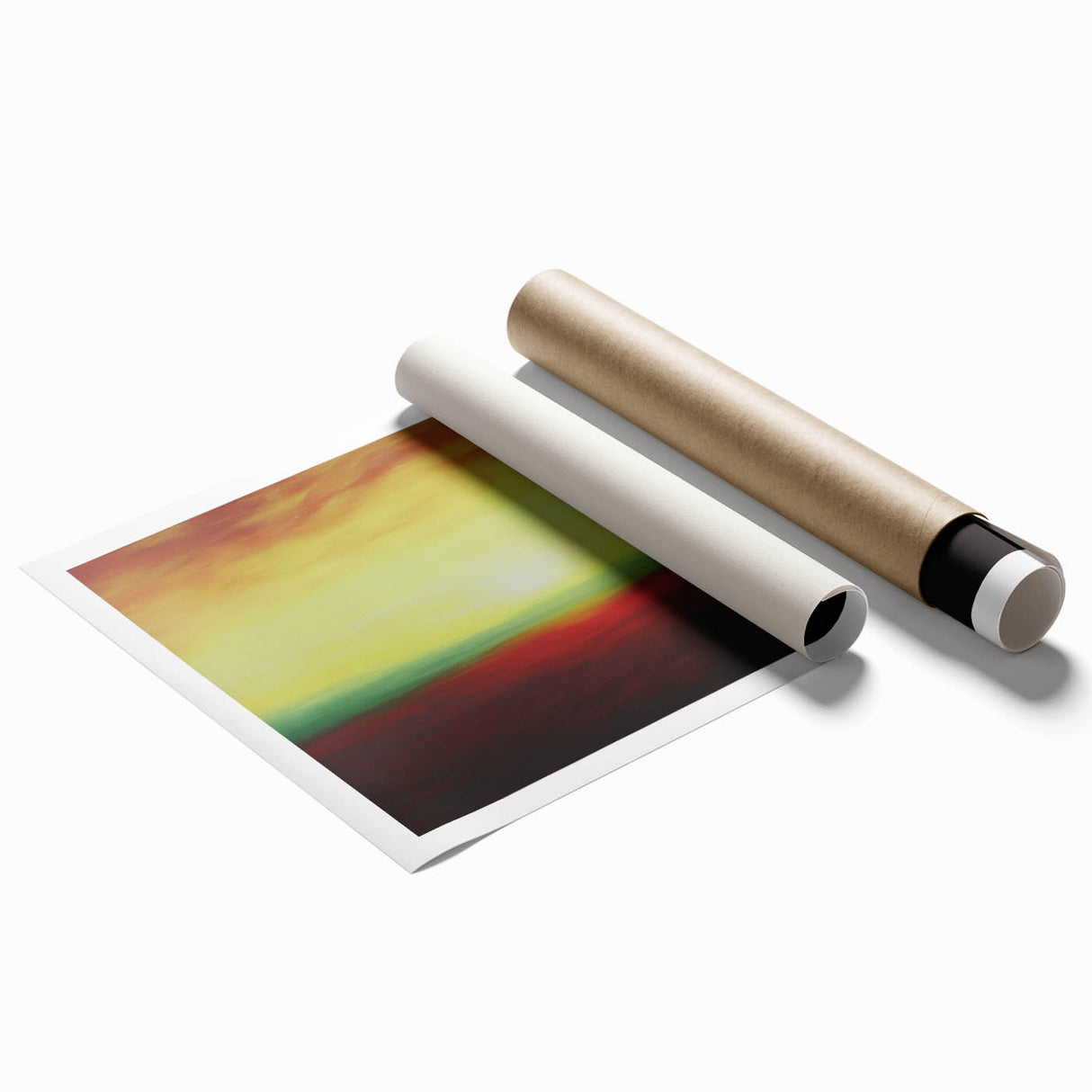 Abstract landscape rolled print showcasing vibrant colors and fluid shapes, perfect for modern home decor. Packaged securely in a protective cardboard tube.
