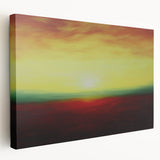Abstract landscape stretched canvas showcasing vibrant hues of blue and orange, elegantly displayed from a side view, perfect for modern home decor.