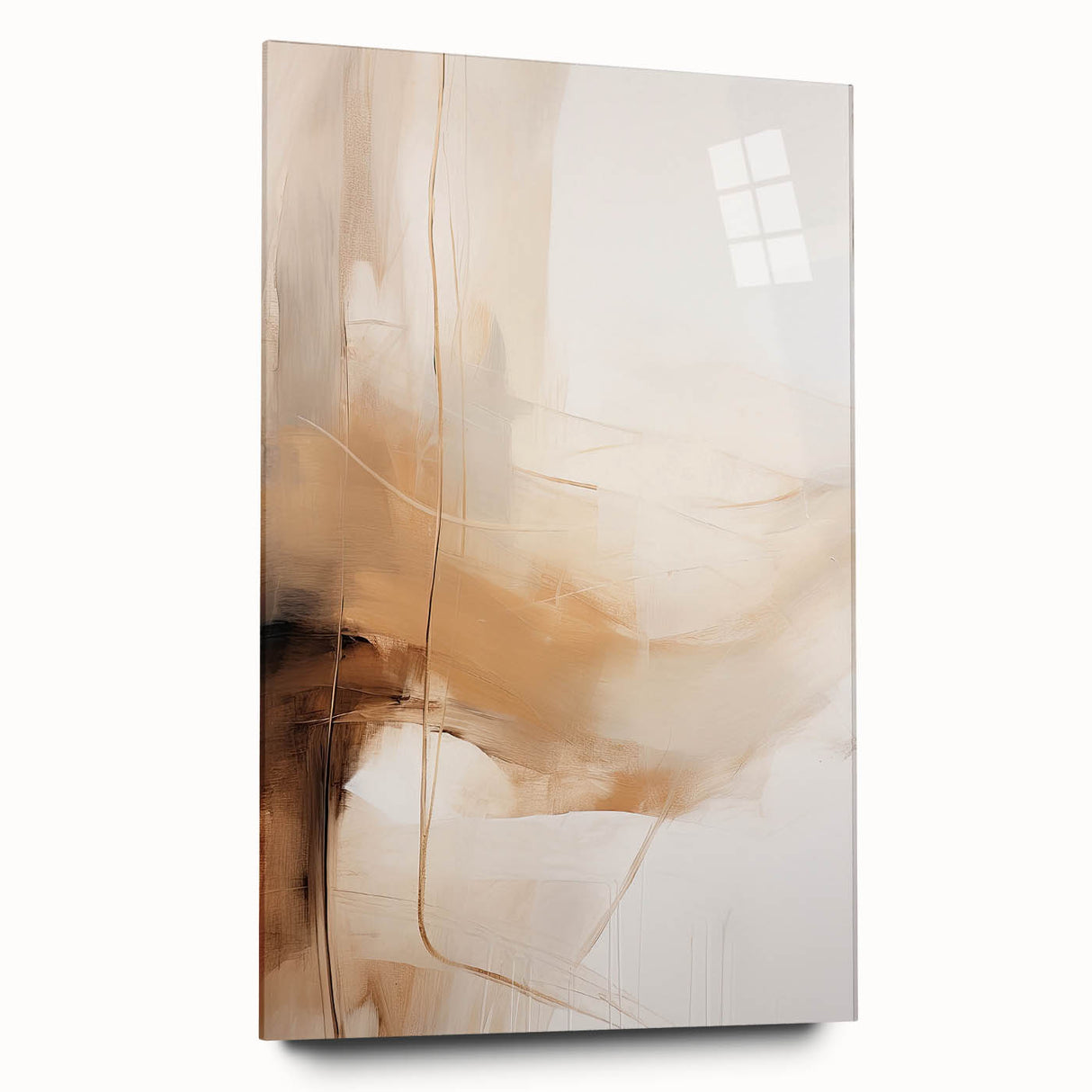 Abstract minimalist wall art design displayed in acrylic glass, showcasing a side view. The artwork features soft, muted colors and geometric shapes, perfect for modern decor.