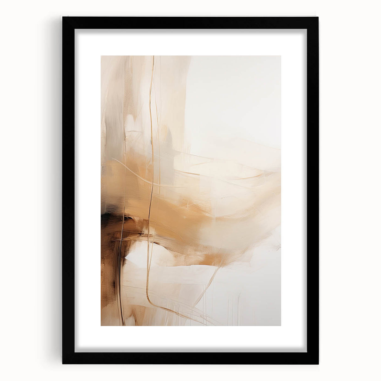 Abstract minimalist wall art framed in black with a white mat, showcasing geometric shapes and soothing colors, perfect for modern interior decor.