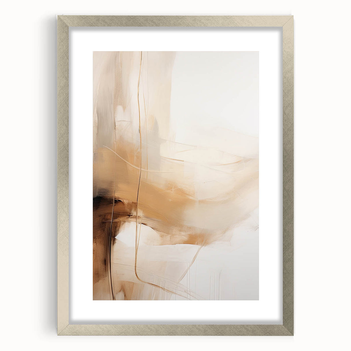 Abstract minimalist wall art framed in silver with a mat, showcasing soft geometric shapes and muted colors, ideal for modern home decor or office spaces.