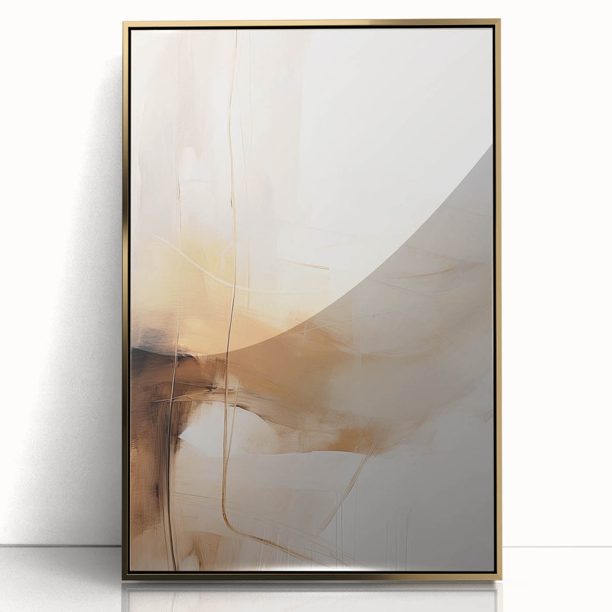 Framed abstract minimalist wall art featuring a gold-accented design, displayed in an elegant acrylic frame, perfect for modern home decor.