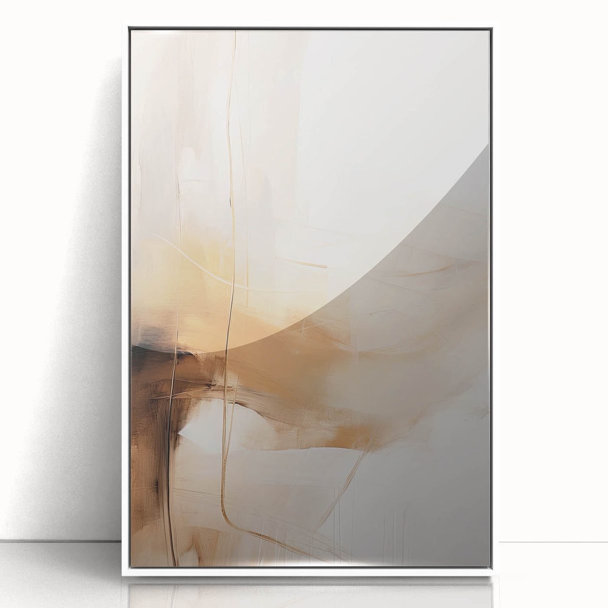 Framed minimalist wall art featuring an abstract design in soft white and gray tones, displayed in a sleek acrylic frame, ideal for modern home decor.