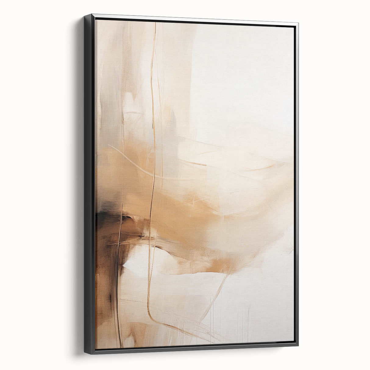 Abstract minimalist wall art displayed in a black frame, showcasing a sleek side view that highlights its contemporary design and elegant aesthetics. This artwork enhances modern decor with its striking simplicity and bold lines, perfect for any stylish interior space.