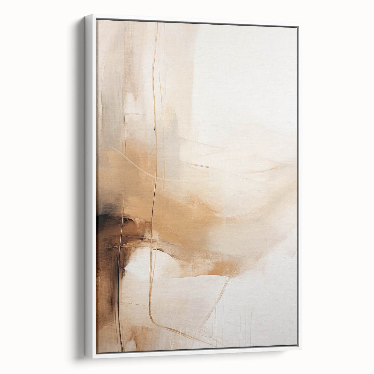 Framed abstract minimalist wall art showcasing a modern design in soft white tones, displayed from a side view to highlight its elegant profile and canvas texture.