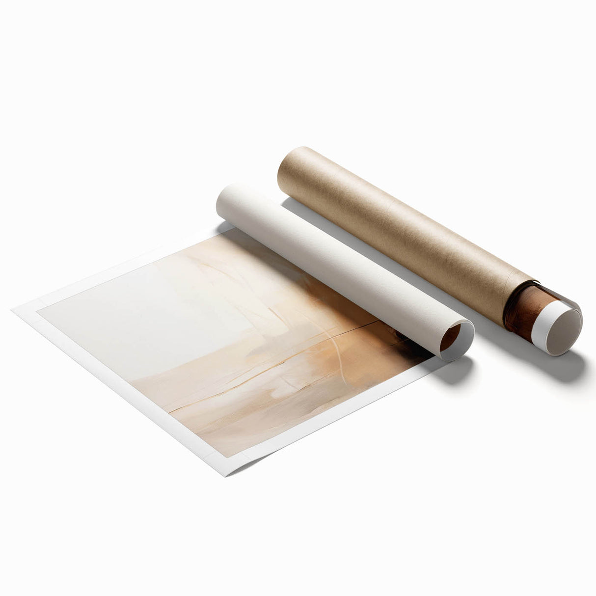 Abstract minimalist wall art print showcasing soft pastel colors and geometric shapes, elegantly rolled for easy display and shipping in a protective tube.