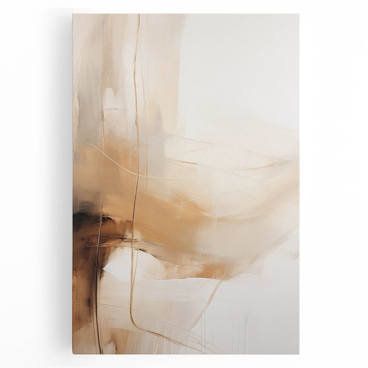 Abstract minimalist wall art in earthy tones, featuring geometric shapes and soft lines, displayed on a stretched canvas for modern home decor enhancement.