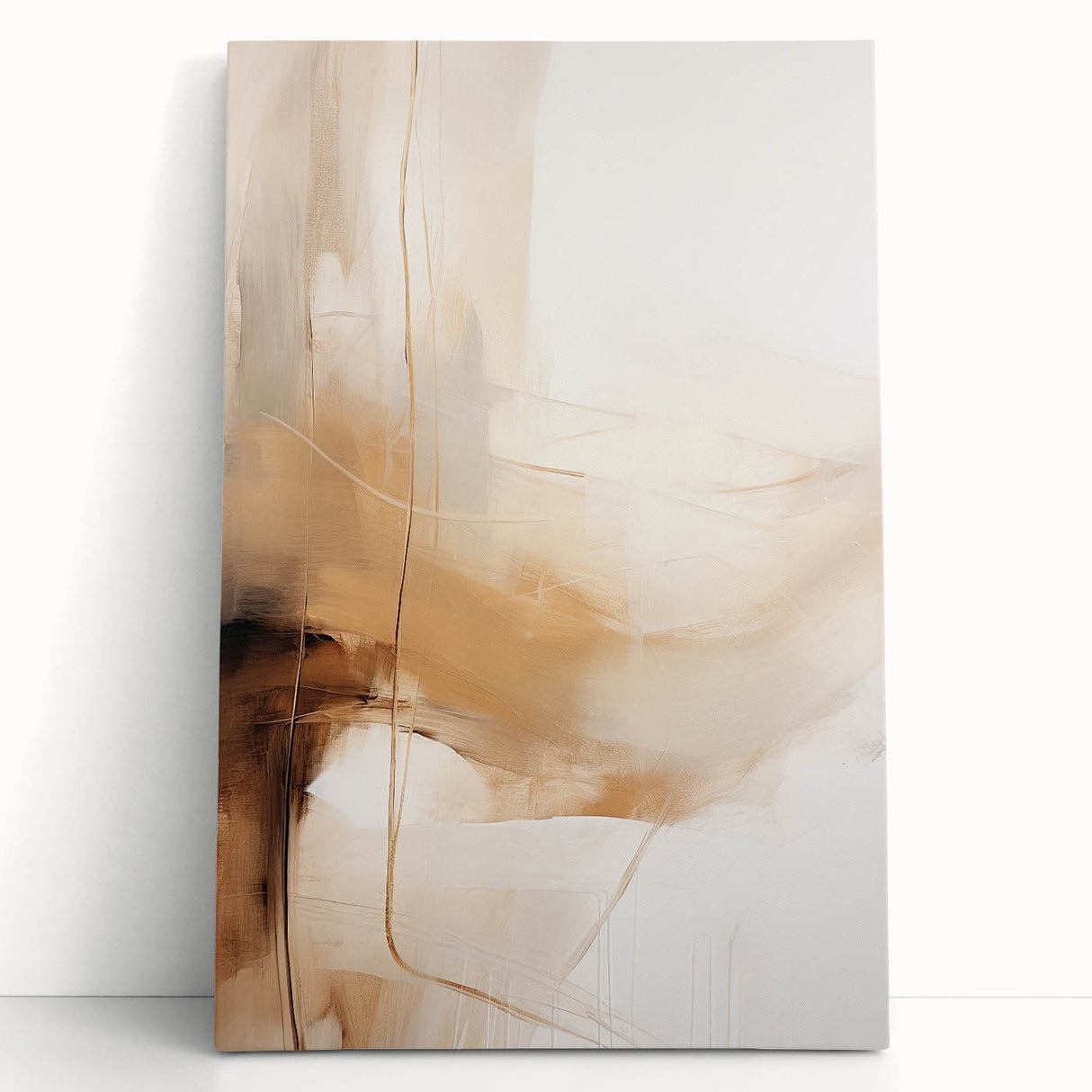 Abstract minimalist wall art design featuring soft pastel colors and geometric shapes on a stretched canvas, elegantly leaning against a neutral wall, perfect for modern decor.