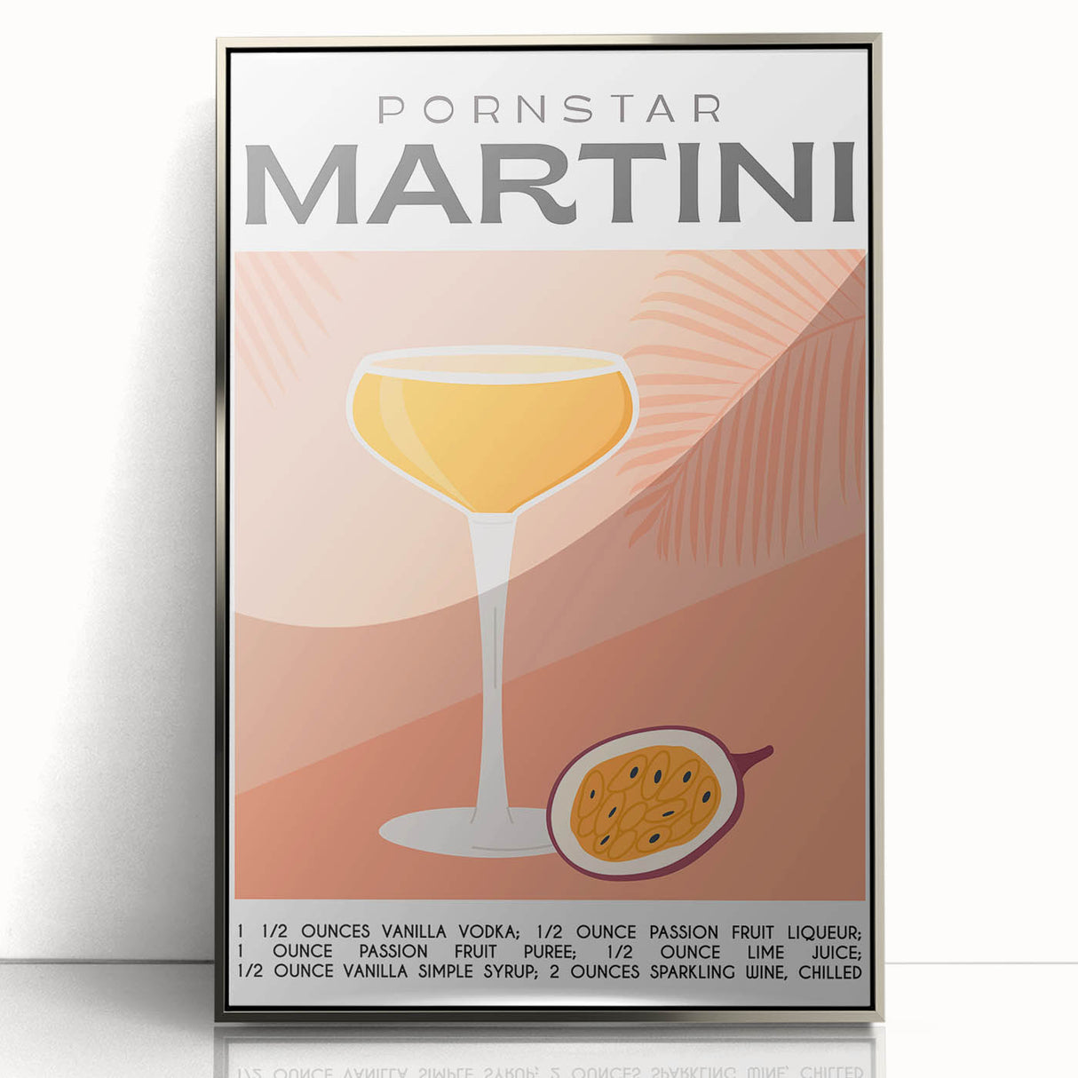 Mid-century modernist art featuring a stylized cocktail, in silver frame, ideal for modern art wall decor.