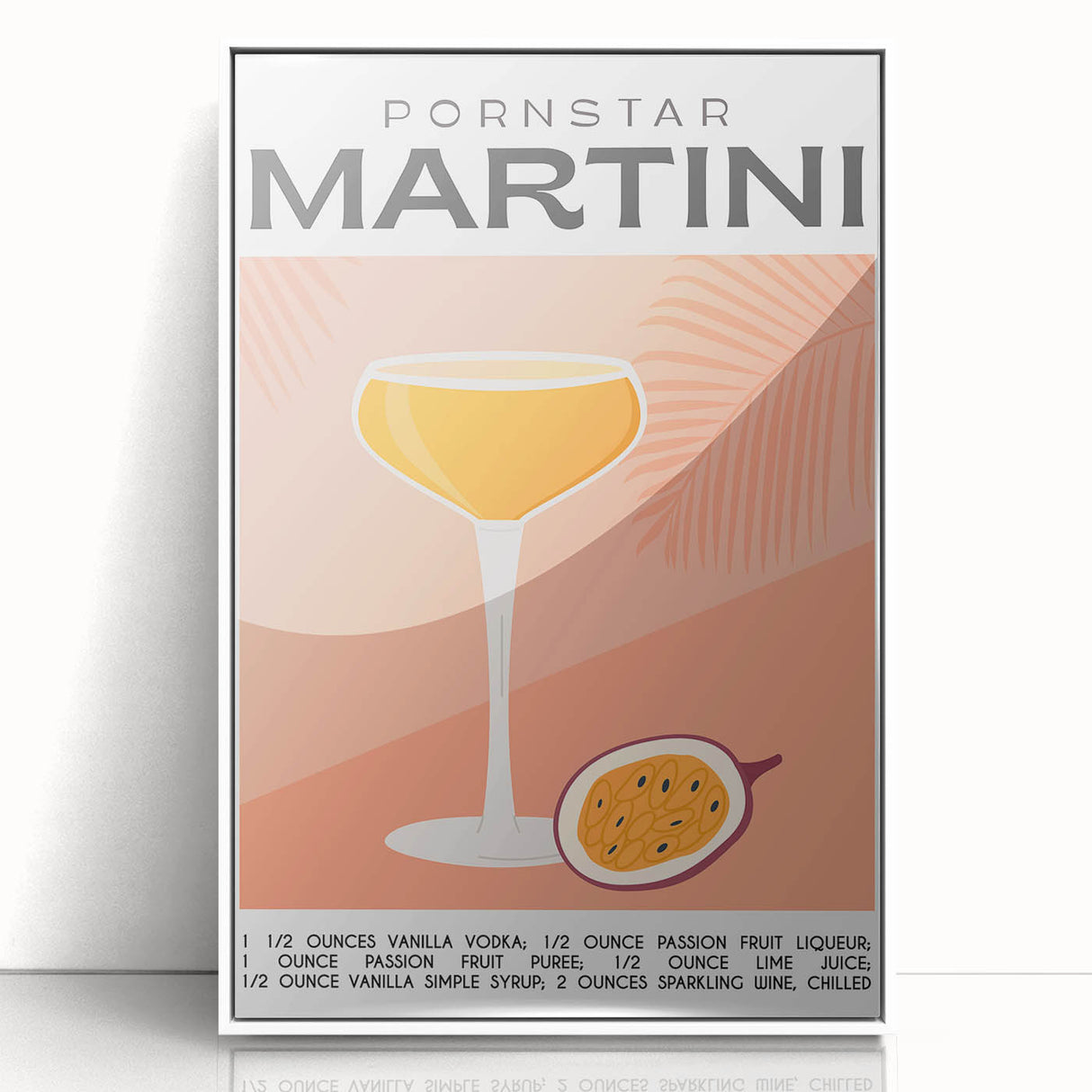 Art deco poster of food and drinks in muted colors, framed in white acrylic, suitable for modern nursery decor.