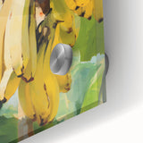 Large abstract wall art featuring assorted fruits in vibrant colors on acrylic glass, ideal for dining room art.