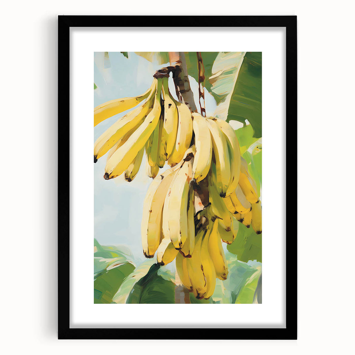 Extra large abstract art print featuring vivid, colorful fruit designs on a textured canvas, framed in black.