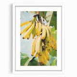 Abstract art print featuring assorted fruits in vibrant colors on a white framed mat.