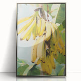 Mid-century modernist art featuring assorted fruits in vibrant colors on a silver-framed acrylic print.