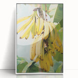 Art deco poster featuring an assortment of colorful fruits on a white acrylic framed backdrop.