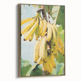 Framed canvas featuring a vintage poster art style landscape of various fruits in muted gold and black tones.