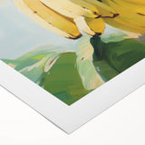 Art deco poster featuring an assortment of colorful fruits on a rolled canvas, suitable for dining room or bathroom decor.