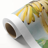 Art deco poster of assorted fruits in bold colors on rolled canvas, suitable as nursery wall art or dining room decor.