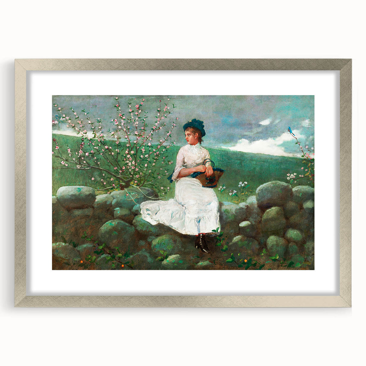 Charming Realism Art Print of Woman by Peach Blossoms in Pastoral Scene