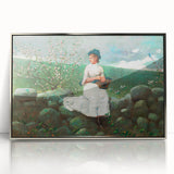 Charming Realism Art Print of Woman by Peach Blossoms in Pastoral Scene