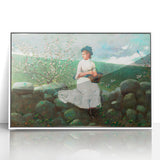 Charming Realism Art Print of Woman by Peach Blossoms in Pastoral Scene