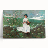 Charming Realism Art Print of Woman by Peach Blossoms in Pastoral Scene