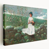 Charming Realism Art Print of Woman by Peach Blossoms in Pastoral Scene