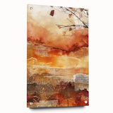 Large abstract wall art depicting fall colors in an acrylic glass format, ideal for bedroom or dining room decor.