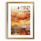 Extra large abstract art print featuring textured autumnal hues on a framed canvas, ideal for living room decor.