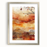 Textured abstract art print in warm autumn hues on a silver-framed canvas, suitable for bedroom decor.