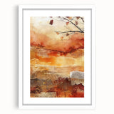 Abstract art print depicting swirling autumn colors in muted orange and brown on a white framed canvas.