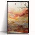 Large abstract wall art depicting autumnal trees in vibrant red and orange hues, framed in black acrylic.